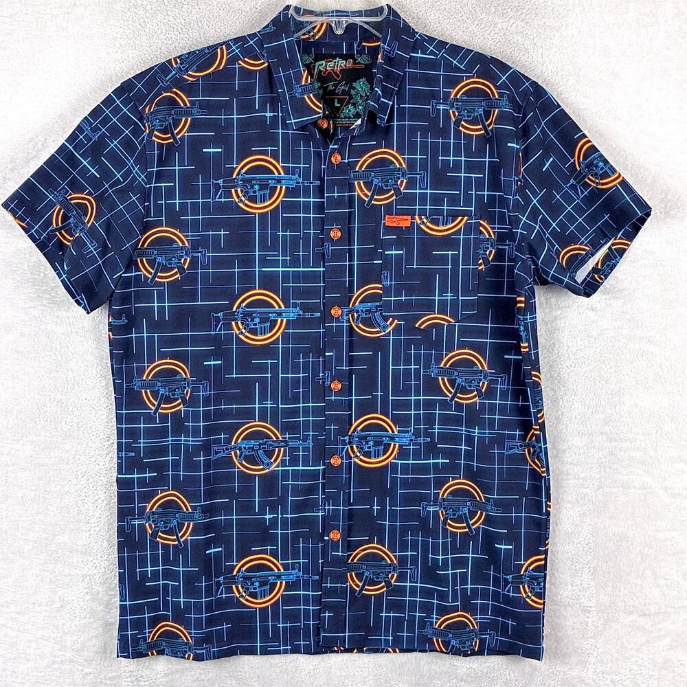 Retro Rifle Shirt Mens L Blue The Grid MP5 Tron AOP Performance Stretch Golf